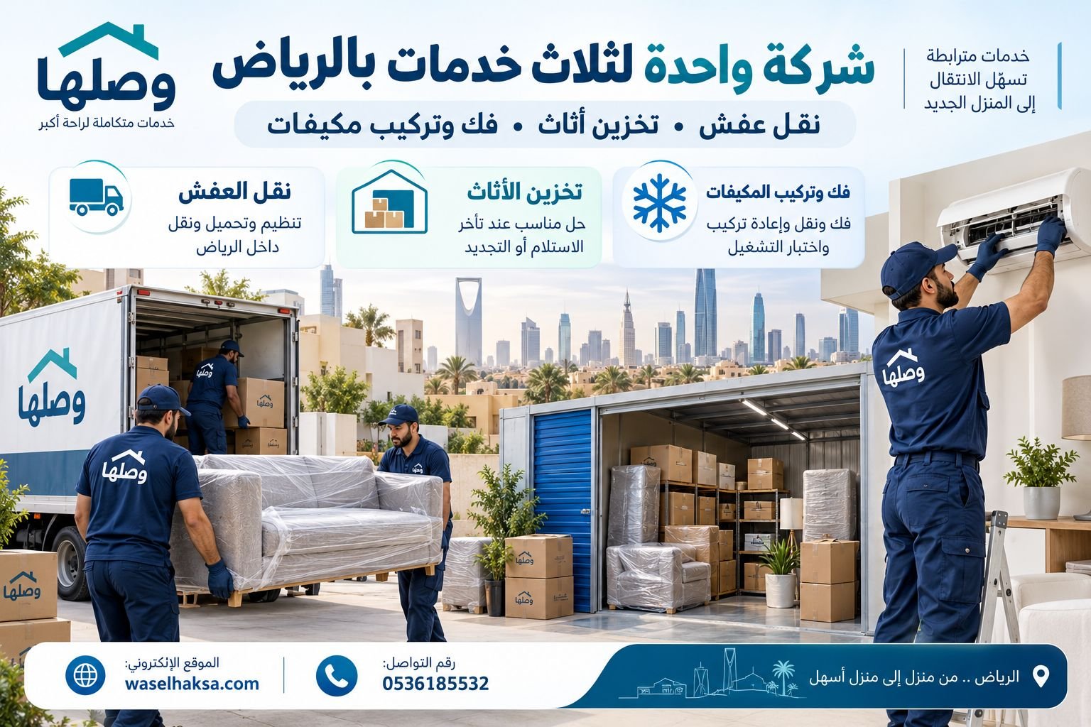 شركة واحدة لثلاث خدمات بالرياض: نقل عفش وتخزين أثاث وفك وتركيب مكيفات